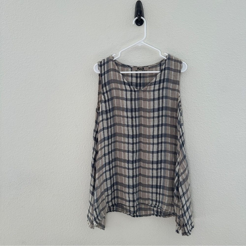 FLAX Plaid Sleeveless Tunic Top Womens Small Tan Black V-Neck Lagenlook Tank